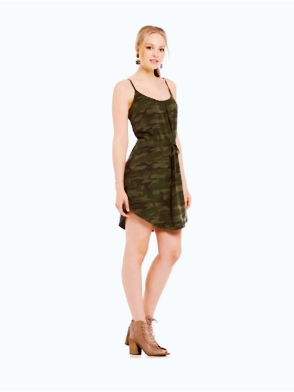 Sanctuary Olive Camo Tie-Waist Spaghetti-Strap Mini Dress